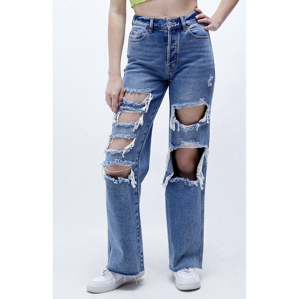 PacSun High-Waisted‎ Baggy Jeans Distressed/Ripped Medium Wash Denim Size 28